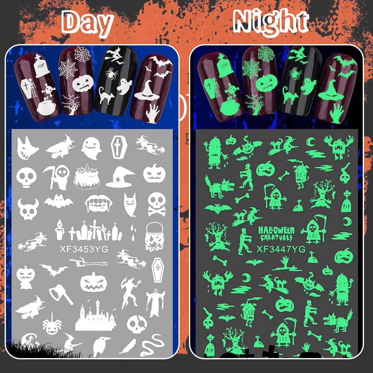 MAYCREATE 12 Sheets Halloween Nail Art Stickers, Luminous Nail Design Glow in The Dark Nail Decals, 3D Self-Adhesive Luminous Spooky Spider Web Skull Pumpkin Nail Art Design for Women Girls MAYCREATE 12 Sheets Halloween Nail Art Stickers, Luminous Nail Design Glow in The Dark Nail Decals, 3D Self-Adhesive Luminous Spooky Spider Web Skull Pumpkin Nail Art Design for Women Girls